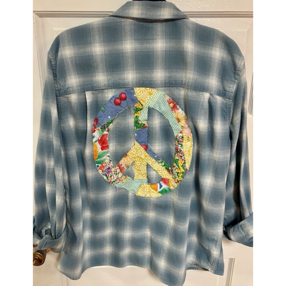 Peace Sign Upcycled Light Blue Plaid Ling Sleeve Button Up Shirt Size XL Unisex